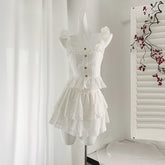 BXOXO - summer inspo 2025 Summer New Lace Stitching Camisole Top Sweet Long Skirt Two Piece Sets Women Square Neck Top A-line Skirt Suit